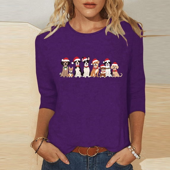 Womens Tops Christmas 3/4 Sleeve Printed Round Neck T-shirt Loose Shirt Purple L,Tops for Women