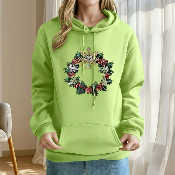 Womens Tops Christmas Hooded Printed Long Sleeved Off Shoulder Sleeves Sweatshirt,Sweatshirts for Women Green S