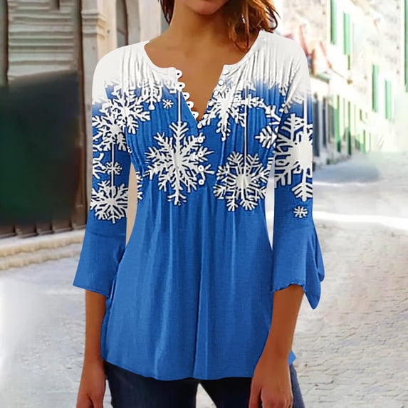 Womens Tops Christmas Long Sleeved Tunic Printed Casual V-neck Pullover Flowy Tunic Top Pleated Casual Blouses Loose Fit Dressy,Tops for Women Blue