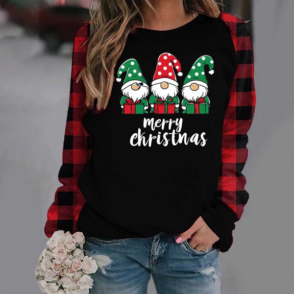 Womens Tops Christmas Print Plaid Long Sleeves Round Neck Winter Printed Loose Casual Sweatshirts,Tops for Women Red L