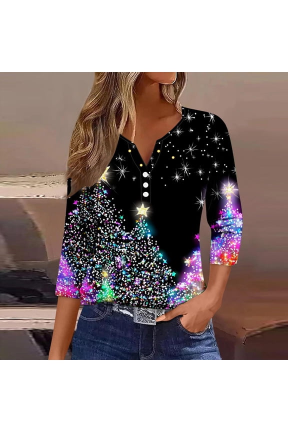 Womens Tops Christmas Printed 3/4 Sleeved V-Neck Casual T-shirt Top *Purple S,Blouse for Women