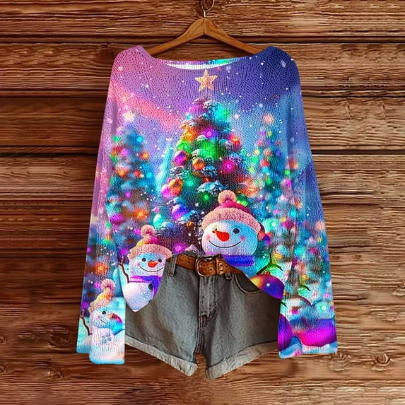 Womens Tops Christmas Printed Casual Crew Neck Long Sleeve Pullover Sweater Knitted Pullover Top,Blouse for Women Hot Pink L