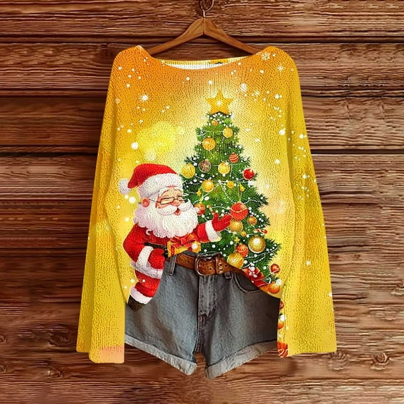 Womens Tops Christmas Printed Casual Crew Neck Long Sleeve Pullover Sweater Knitted Pullover Top,Blouse for Women Yellow S