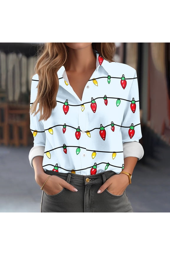 Womens Tops Christmas Printed Lapel Long Sleeved Button Blouse Casual T-Shirt Sky Blue S,Blouse for Women