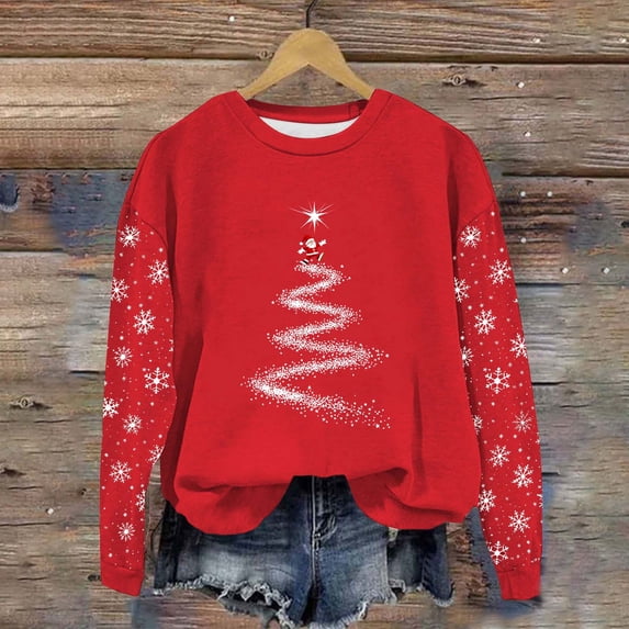 Womens Tops Christmas Printed Long Sleeve Casual Loose Hoodless Sweatshirts,Sweatshirts for Women Red L