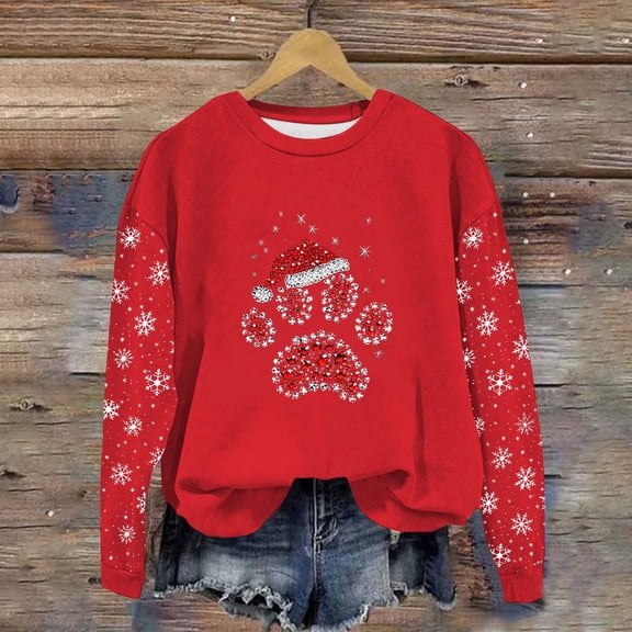 Womens Tops Christmas Printed Long Sleeve Casual Loose Hoodless Sweatshirts,Sweatshirts for Women Red M