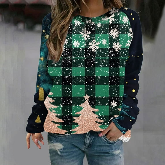 Womens Tops Christmas Printed Long Sleeve Loose Round Neck Sweatshirt Multicolor12 L,Blouse for Women