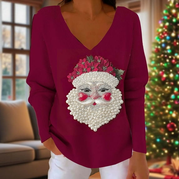 Womens Tops Christmas Printed Long Sleeved V-neck Loose Casual Coarse Woven Pit Stripe Hoodie Top,Blouse for Women Wine L