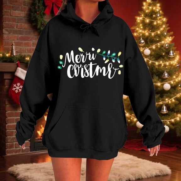 Womens Tops Christmas Printed Pockets Shoulder Sleeves Long Sleeved Hooded Sweatshirt Blouse for Women Black S