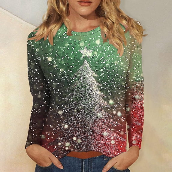 Womens Tops Christmas Printed Round Neck Long Sleeve Casual T-shirt Blouse Mint Green S,Blouse for Women