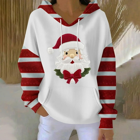 Womens Tops Christmas Printing Blouses Long Sleeve Pockets Casual Hooded Sweatshirt,Sweatshirts for Women White L