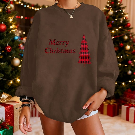 Womens Tops Christmas Tree Printing Long Sleeve Winter Casual Sports Round-Neck Sweatshirt,Sweatshirts for Women Coffee S