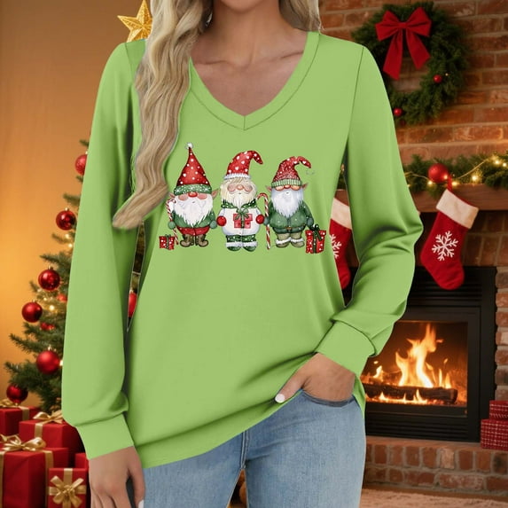 Womens Tops Christmas V-neck Long Sleeved Casual Loose T-shirt Top,Blouse for Women Green S