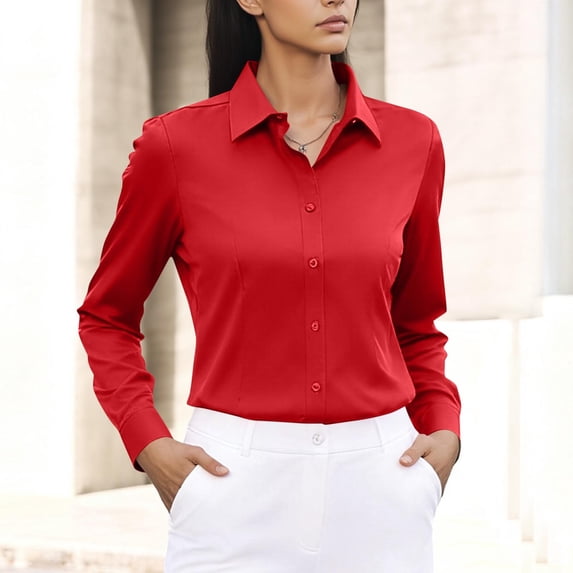 Cloaraye Womens Tops Classic Button Up Long Sleeve Shirts Solid Color Slim Fits Lapel Office Work Tops Business Dressy Shirts