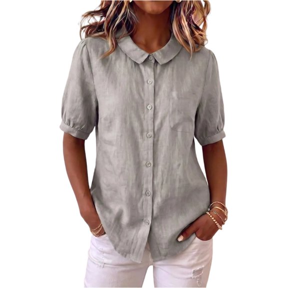 Womens Tops Classic Doll Collar Gathered Short Sleeve Front Button Closure Hem Streamlined Minimalist Summer Daily Blouses Gray XXL