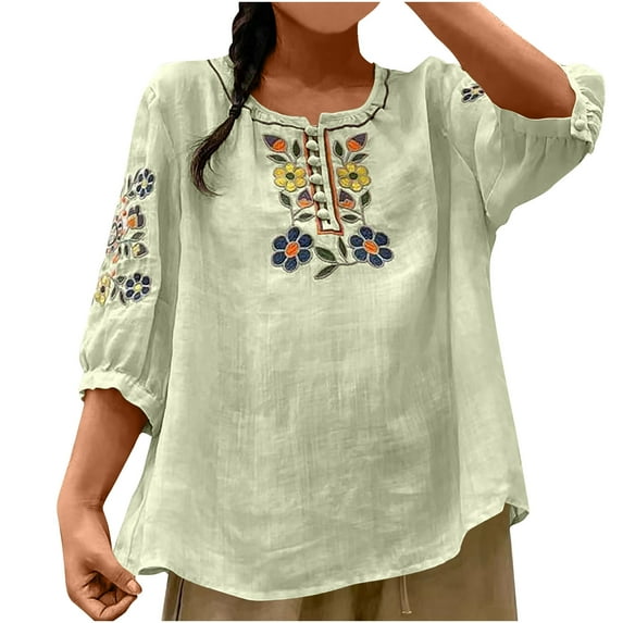 Womens Tops under $5! Cagogo Womens Mexican Shirts Peasant Blouses Cotton Embroidered 3/4 Sleeve Bohemian Tops Boho Clothes for Women Summer Fiesta