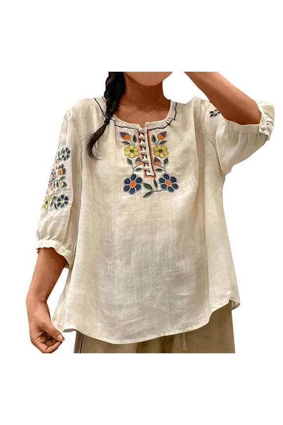 Womens Tops under $5! Cagogo Womens Mexican Shirts Peasant Blouses Cotton Embroidered 3/4 Sleeve Bohemian Tops Boho Clothes for Women Summer Fiesta