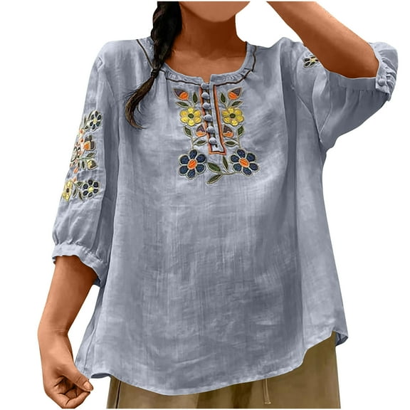 Womens Tops under $5! Cagogo Womens Mexican Shirts Peasant Blouses Cotton Embroidered 3/4 Sleeve Bohemian Tops Boho Clothes for Women Summer Fiesta
