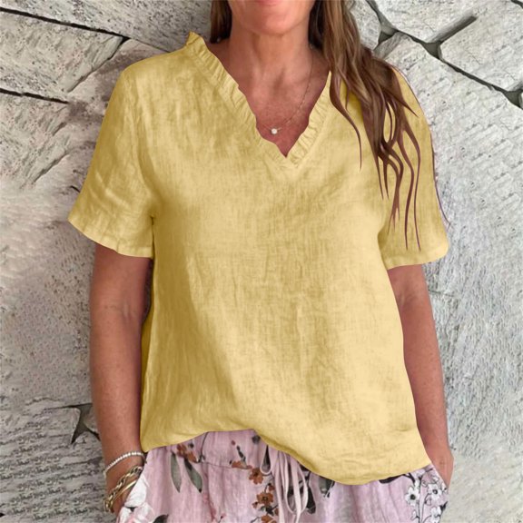 Womens Tops ,Cotton Linen Shirt for Women Ruffled V Neck Solid Color Short Sleeveed Summer Casual Comfy Loose Fit Shirts