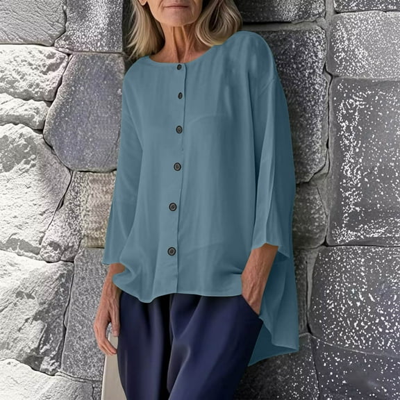 Womens Tops ,Linen Shirts for Women Button Down High Low Blouse Oversized T Shirts Long Sleeve Shirt Crew Neck Loose Flowy Blouse