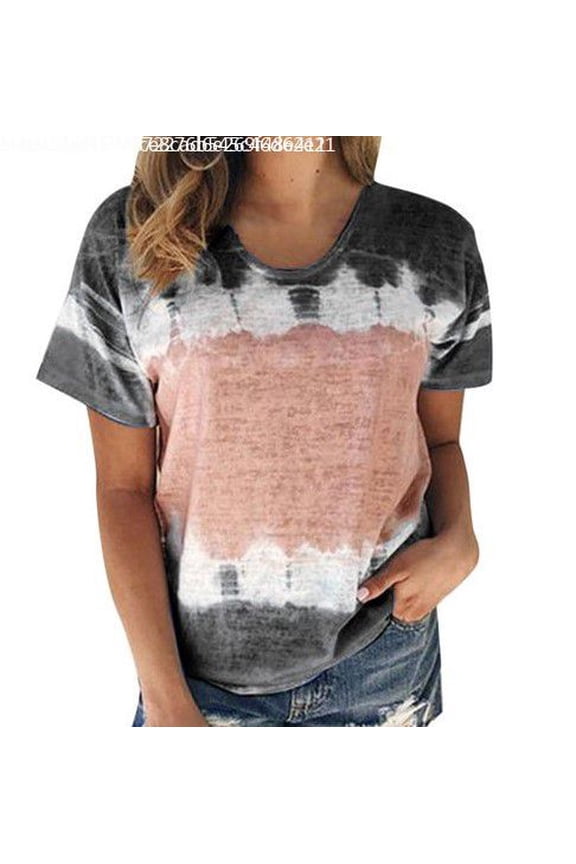 Womens Tops Plus Size Color Block Tie-Dye Patchwork T-Shirts