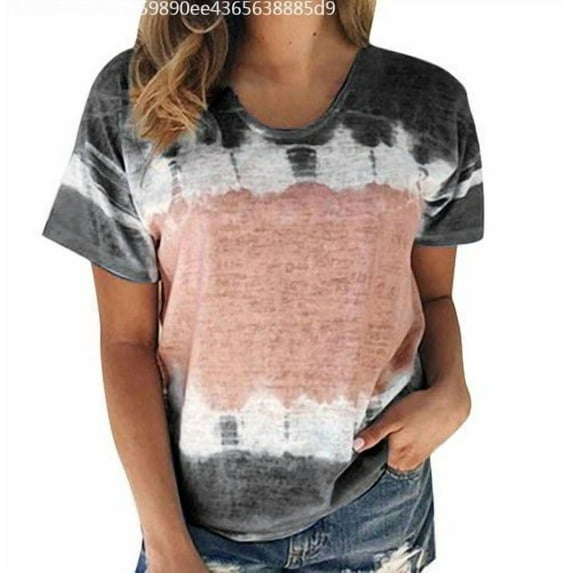 Womens Tops Plus Size Color Block Tie-Dye Patchwork T-Shirts
