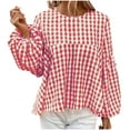 thumbnail image 1 of Womens Tops Clearance Summer Casual Puff Long Sleeve T-Shirt Scoop Neck Blouse Plaid Shirt Women Floaty Tunic Tops Plus Size Elegant Summer Blouse Tshirt Going Out, 1 of 1