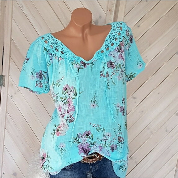 Womens Tops Clearance,Summer Tops for Women 2023 Trendy ,Women Short Sleeve V-Neck Lace Printed Lace Tops Loose T-Shirt Blouse Best Sell