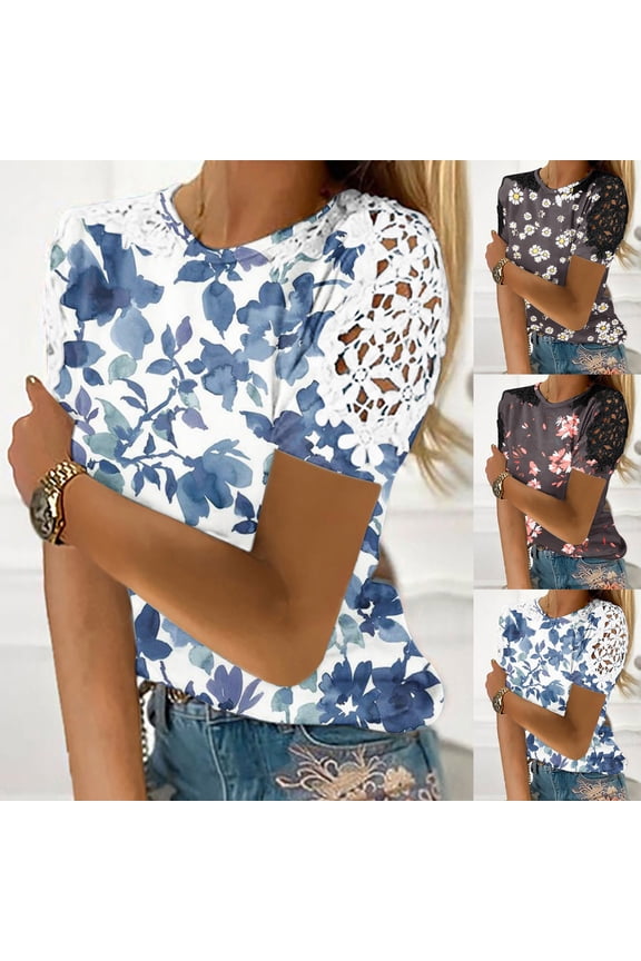 Womens Tops,Summer Tops for Women Trendy,Women's Fashion Summer Round Neck Leisure Short Sleeve Printed Lace Stitching Tops