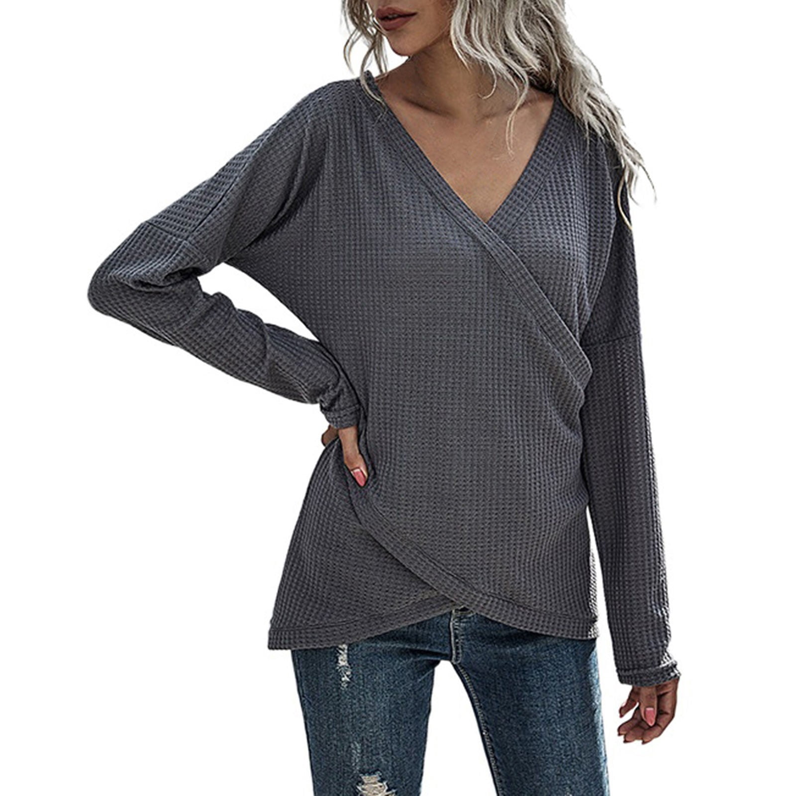 Womens Tops Clearance T Shirts for Women Women's Long Sleeve Wrap Tops Sexy Casual Knit V Neck Shirts Solid Color Ruched Tunic Top Blouses Slim Fit Spring Tops for Women 2024 Womens Blouses
