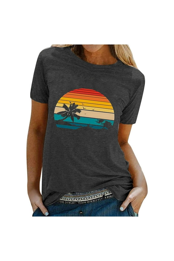 Womens Tops,Tbopshirt Summer Tops for Women,Plus Size T Shirts,Beach Printed Women Blouse Shirt T-shirt,Short Sleeve Blouses