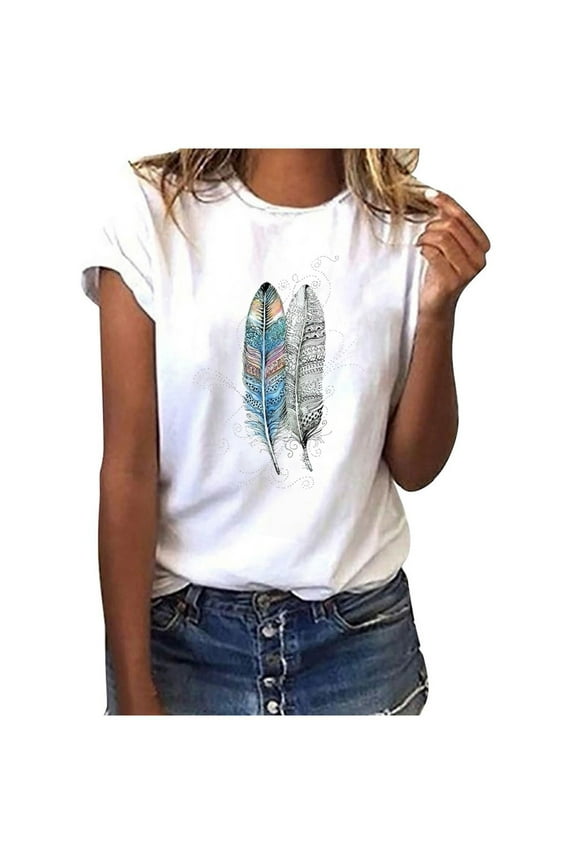 Womens Top Fashion Women Short Sleeve T-Shirt Feather Print Casual Top Tee Blouse