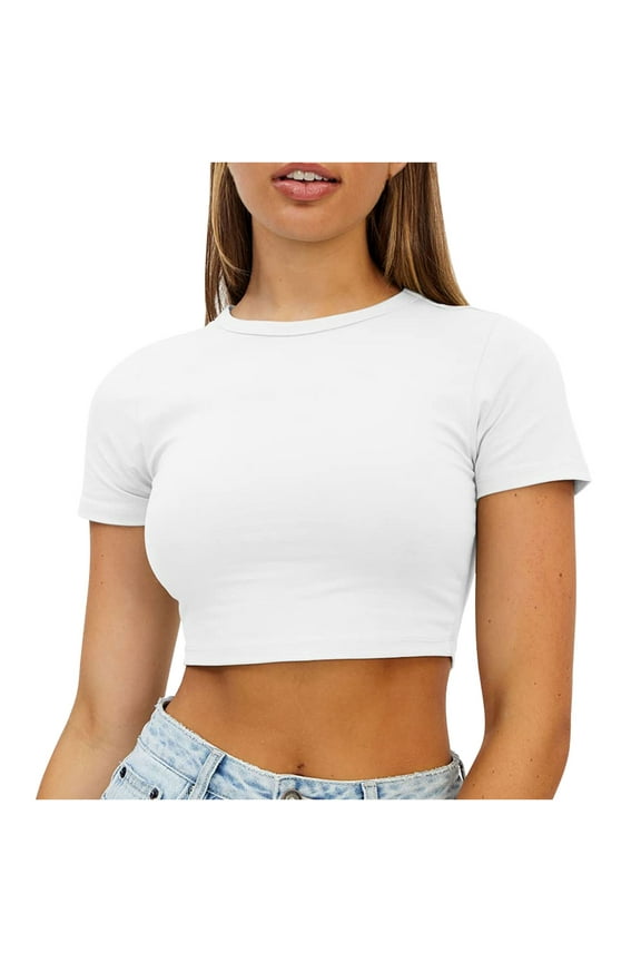 Womens Tops,Tbopshirt Summer Tops for Women,Plus Size T Shirts,Women Crop Cute Trendy Basic Tight Rounk Neck Crop Blouse Crop TopS,Short Sleeve Blouses