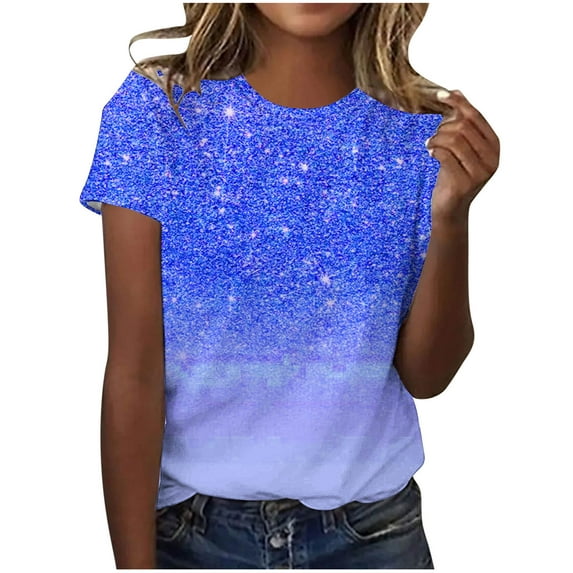 Womens Tops,Tbopshirt Summer Tops for Women,Plus Size T Shirts,Women's Casual Sparkling Crystal Printed Round Neck Short Sleeved Top,Short Sleeve Blouses