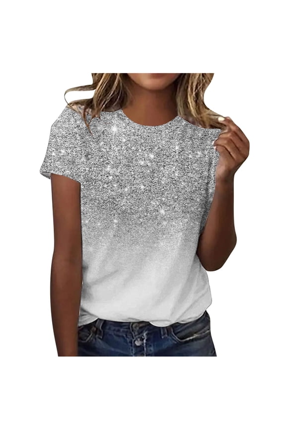 Womens Tops,Tbopshirt Summer Tops for Women,Plus Size T Shirts,Women's Casual Sparkling Crystal Printed Round Neck Short Sleeved Top,Short Sleeve Blouses