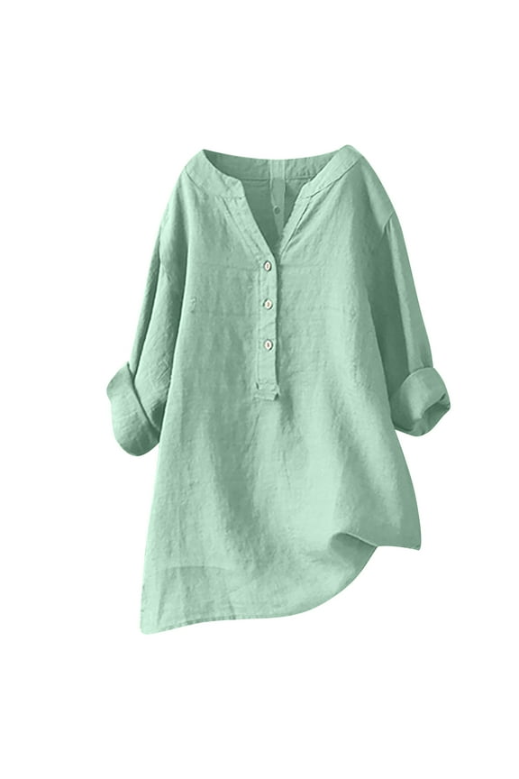 Womens Tops,Tbopshirt Summer Tops for Women,Plus Size T Shirts,Women's V-Neck Long Sleeve Loose Button Cotton and Linen Tunic Blouse,Short Sleeve Blouses