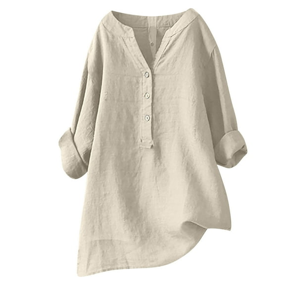 Womens Tops,Tbopshirt Summer Tops for Women,Plus Size T Shirts,Women's V-Neck Long Sleeve Loose Button Cotton and Linen Tunic Blouse,Short Sleeve Blouses