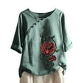 thumbnail image 1 of Womens Tops Clearance Under $10 Women Print Short Sleeve Loose Button Round-Neck Shirt Solid Blouse Tops Green L, 1 of 6