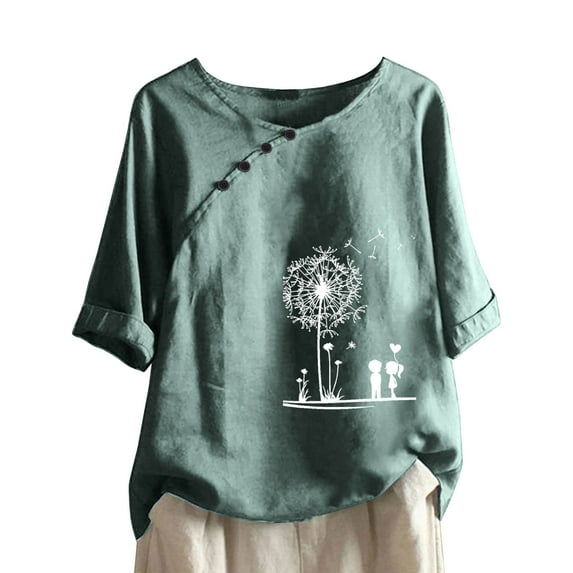 Womens Tops Under $10 Women Summer Sexy Print Regular Button Round Neck Short Sleeve Women Short Sleeves Top Green M
