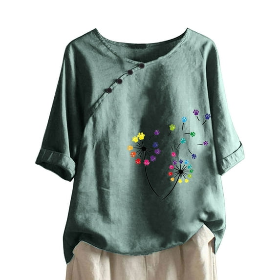 Womens Tops Under $10 Women Summer Sexy Print Regular Button Round Neck Short Sleeve Women Short Sleeves Top Green S