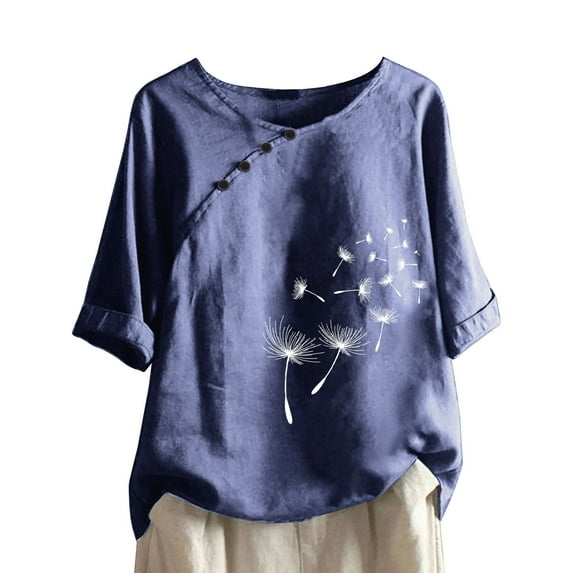 Womens Tops Under $10 Women Summer Sexy Print Regular Button Round Neck Short Sleeve Women Short Sleeves Top Navy S