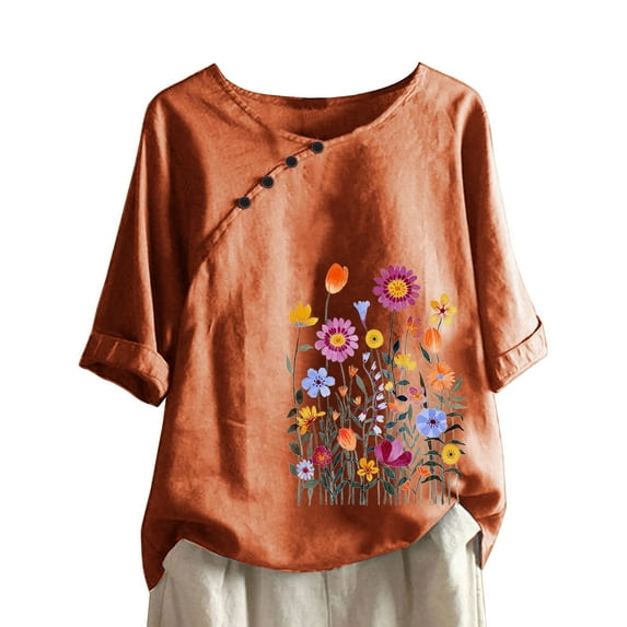 Womens Tops Under $10 Women Summer Sexy Print Regular Button Round Neck Short Sleeve Women Short Sleeves Top Red S