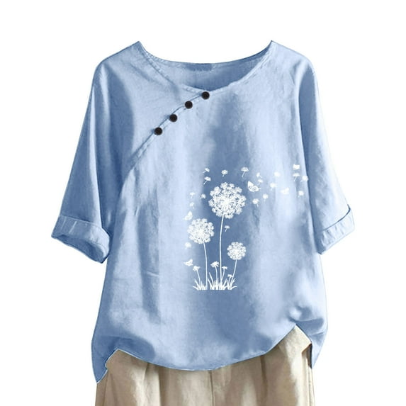 Womens Tops Clearance Under $10 Women Summer Sexy Print Regular Button Round Neck Short Sleeve Women Short Sleeves Top Sky Blue S