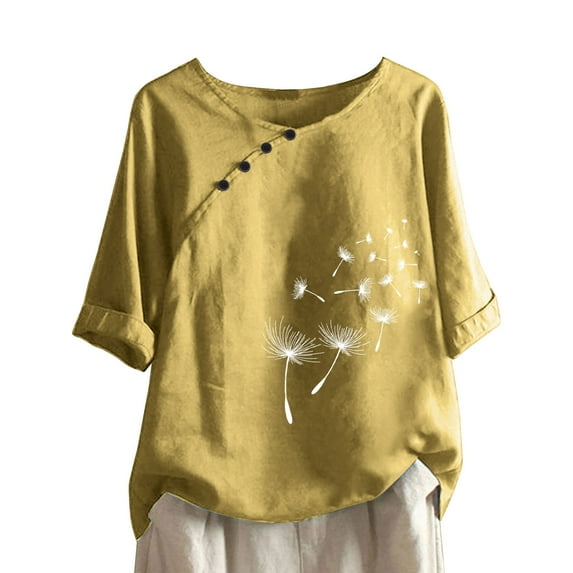Womens Tops Under $10 Women Summer Sexy Print Regular Button Round Neck Short Sleeve Women Short Sleeves Top Yellow L