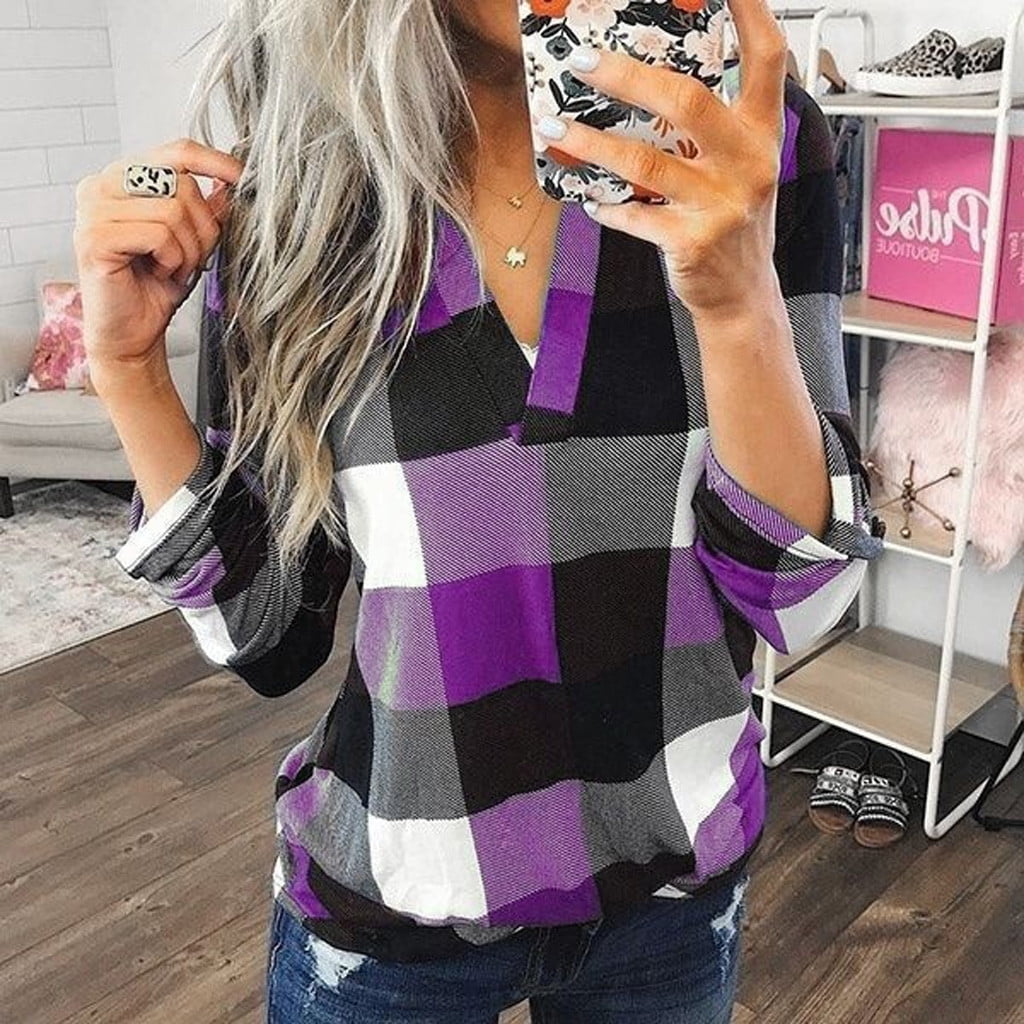 Womens Tops Clearance Under $5 Women Casual Cotton Long Sleeve Plaid ...