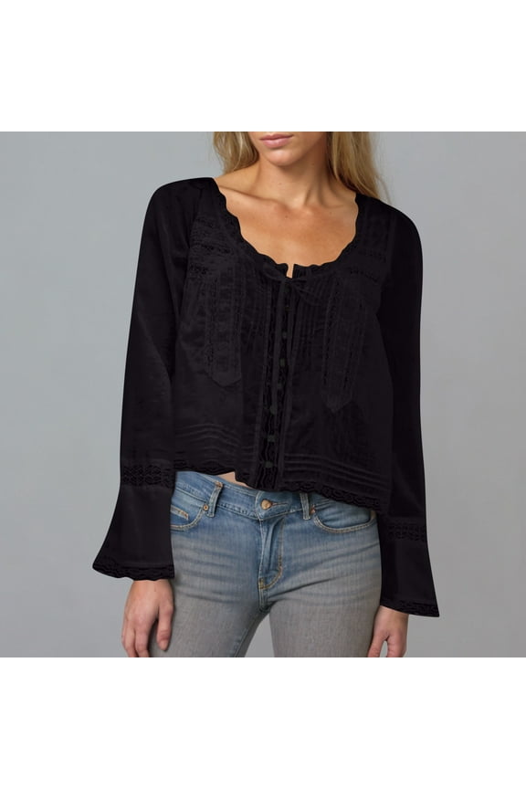 Womens Tops ,Womens Lace Shirts Long Sleeve Button Up Chiffon Cardigan Tie Front Flowy Beach Vacation Bohemian Y2k Clothes Tops