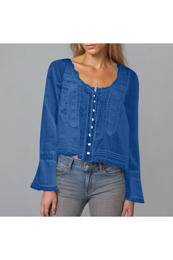 Womens Tops ,Womens Lace Shirts Long Sleeve Button Up Chiffon Cardigan Tie Front Flowy Beach Vacation Bohemian Y2k Clothes Tops