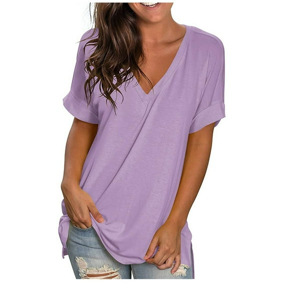 Womens Tops Plus Size Solid V-neck Short Sleeve Loose T Shirts Blouse Sales or Clearance