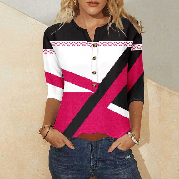 Womens Tops Plus Size terra sky Button 3/4 Sleeve Printed Loose Blouses Hot Pink S