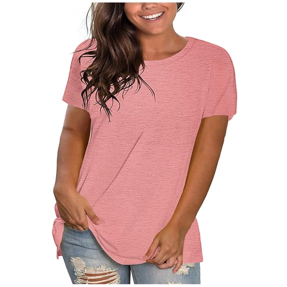 Womens Tops Clearance under $5 Short Sleeve Pullover Solid Loose T Shirts Pink L
